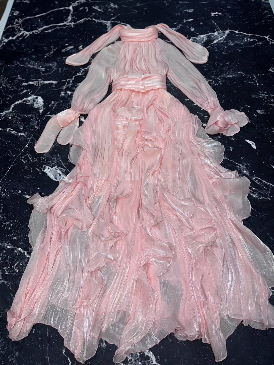 длинное платье,шифоновое платье,платье макси с оборками,платье,розовое платье