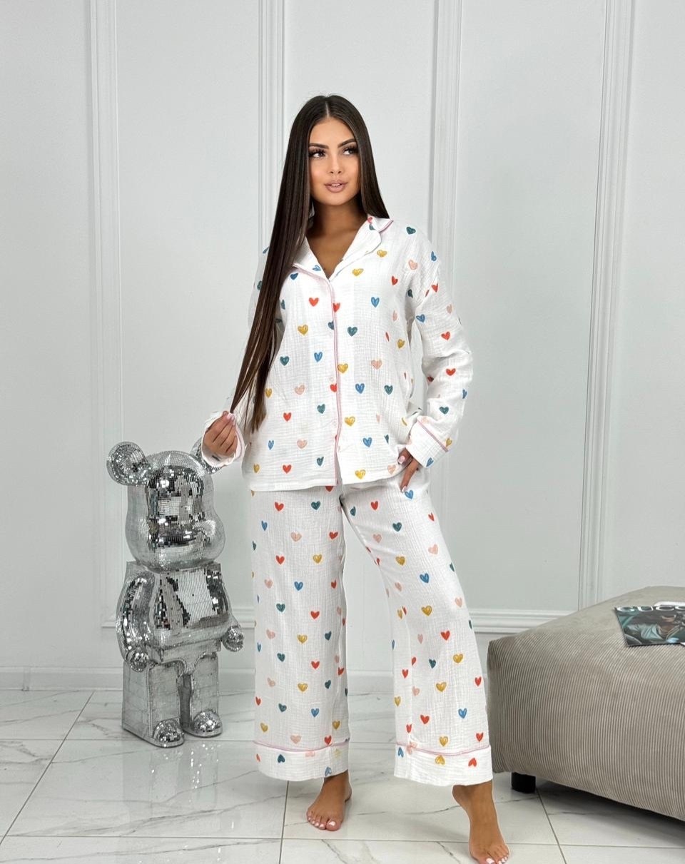 пижама женская,модные пижамы,пижама со штанами и рубашкой в сердечко likedhome,пижама для женщин,муслиновая пижама женская