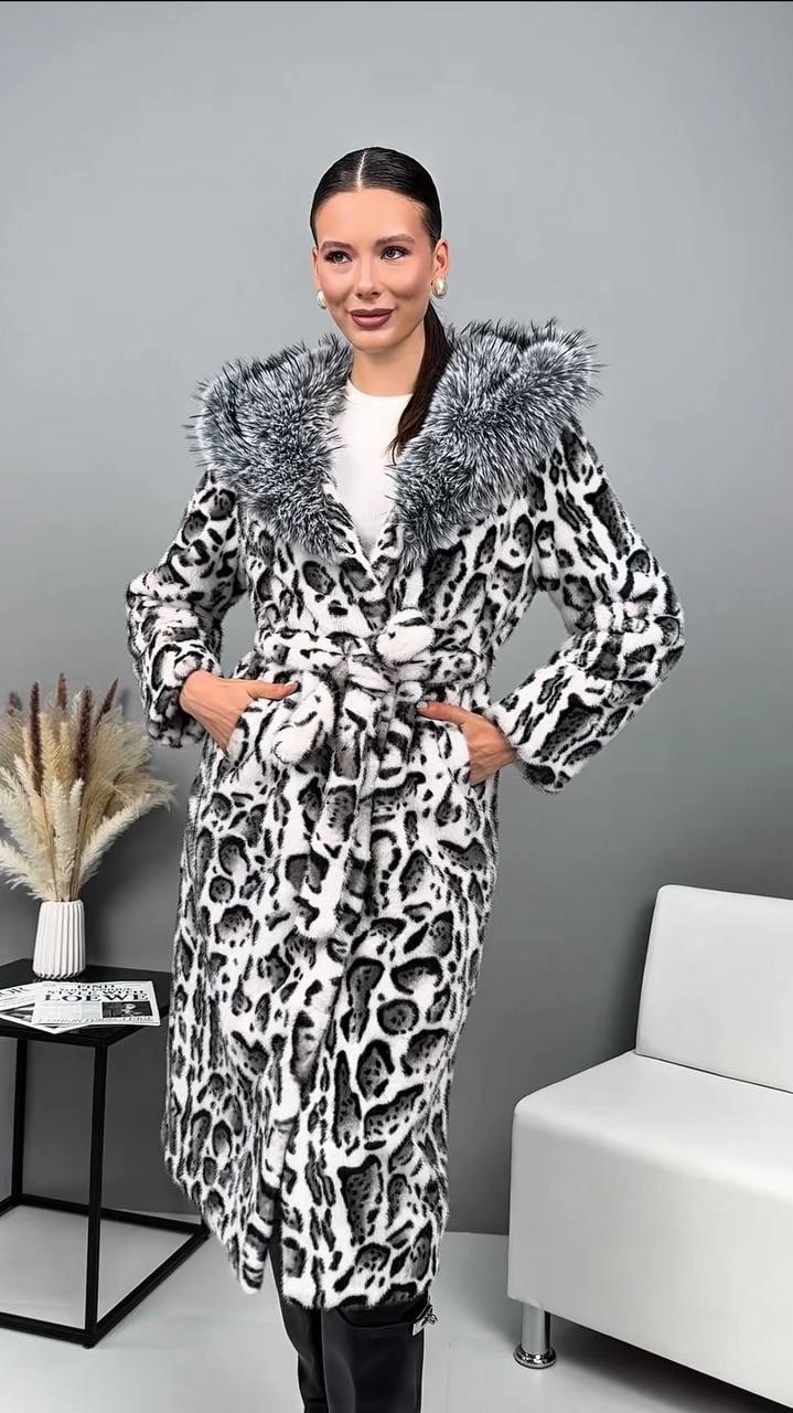 шуба искусственная,шуба из premium эко меха с принтом рысь,шуба леопард,шуба искусственная leoturk леопард,шуба длинная с капюшоном из рыси