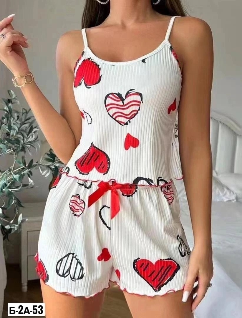 женская пижама,женские пижамные комплекты,пижама женская с шортам,пижама с шортами с сердечками,женская летняя пижама из полиэстера