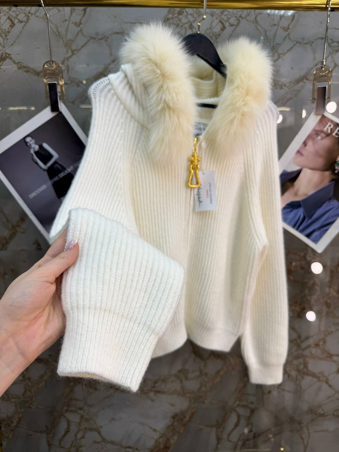 женский вязаный кардиган с капюшоном, свободный меховой воротник, однотонное пальто, дизайн на молнии,молочно-белый вязаный кардиган с большим меховым воротником и капюшоном,женский свитер luxyonuo с