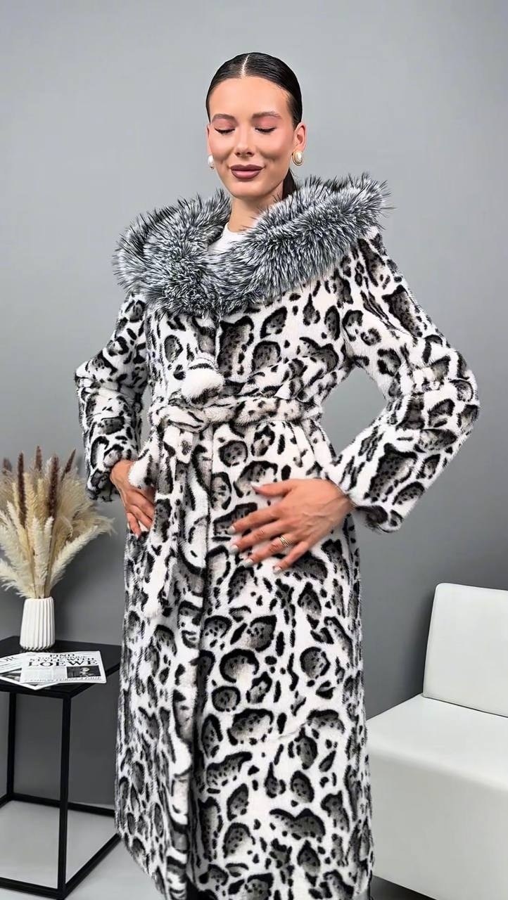 шуба искусственная,шуба из premium эко меха с принтом рысь,шуба леопард,шуба искусственная leoturk леопард,шуба длинная с капюшоном из рыси