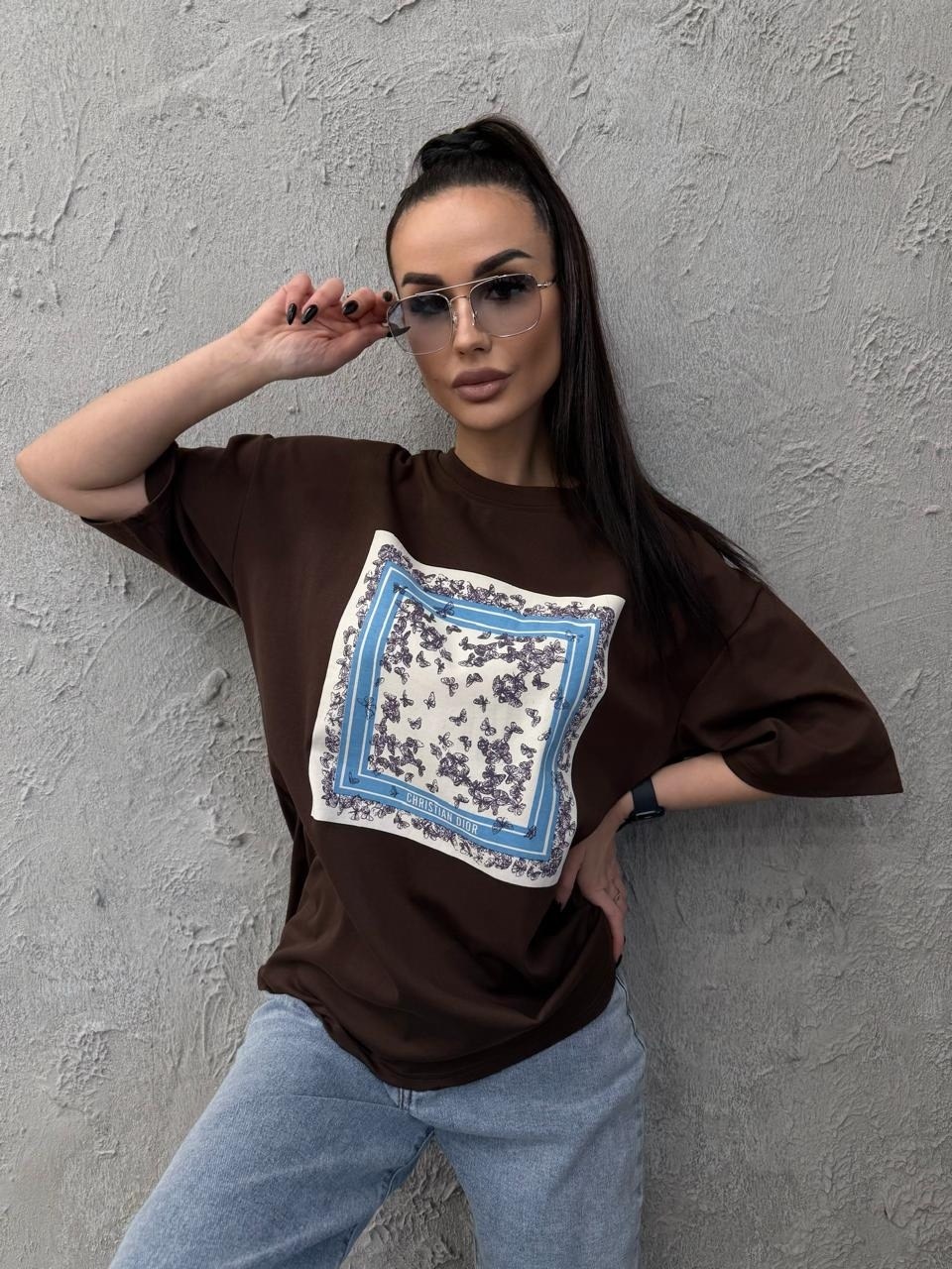 футболка y2k оверсайз zi-bella цвет шоколадный,футболки женская оверсайз с принтом,женская футболка,футболка оверсайз,футболка y2k оверсайз