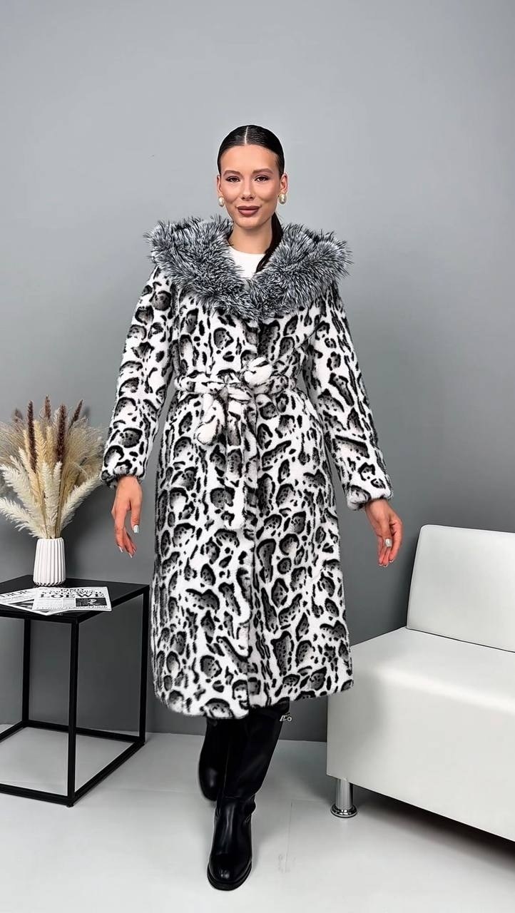шуба искусственная,шуба из premium эко меха с принтом рысь,шуба леопард,шуба искусственная leoturk леопард,шуба длинная с капюшоном из рыси