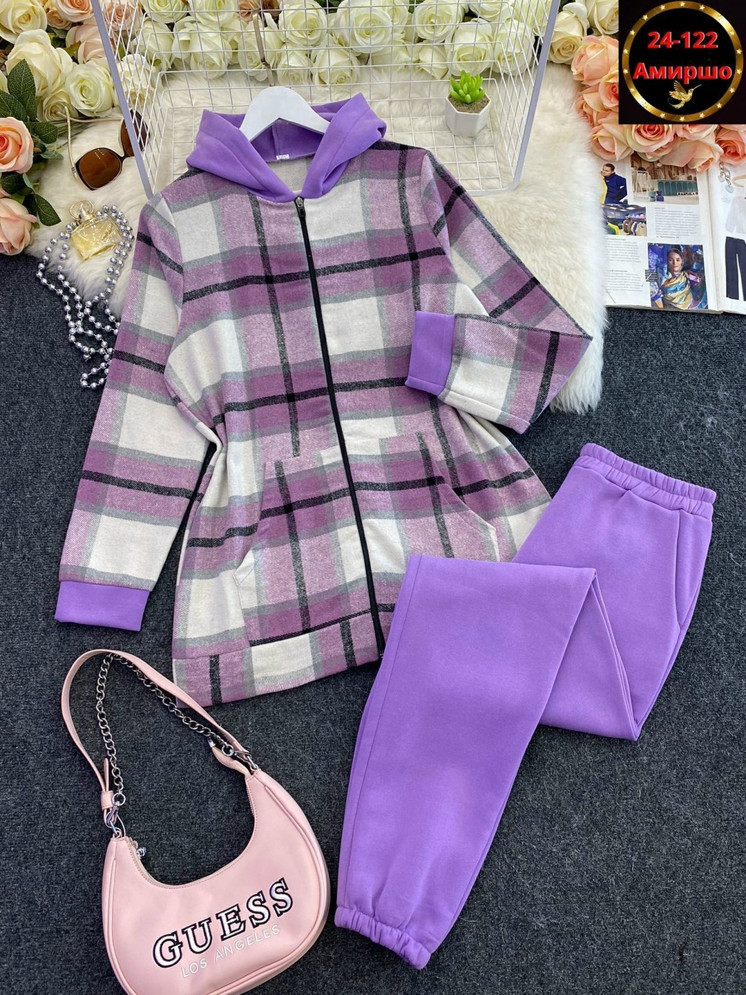оверсайз рубашка в клетку с капюшоном,женский костюм на флисе,костюм женский теплый,женский костюм двойка,теплый костюм