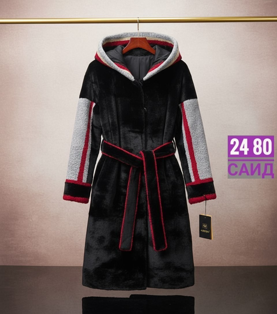 дизайнерская экошуба в спортивном стиле из комбинированного экомеха,шуба из мутона с капюшоном отделка норка,шуба в спортивном стиле,шуба из мутона,мутоновая шуба