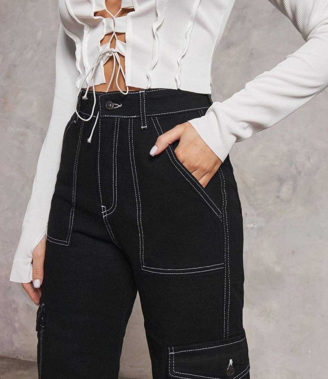 широкие джинсы черные,джинсы-карго rimocy женские с карманами,джинсы карго белые с черной строчкой,джинсы карго,джинсы прямые карго