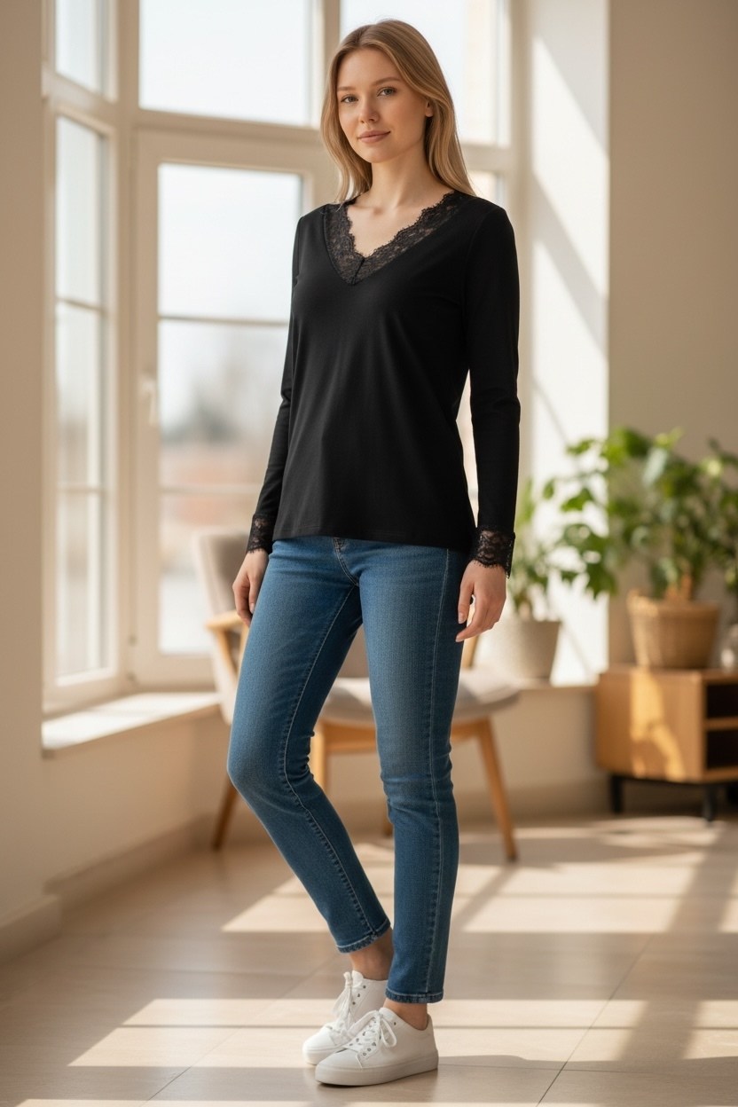 футболка с длинными рукавами и кружевной отделкой antigel черный,лонгслив с v-образным вырезом из кружева черный,лонгслив кружево,лонгслив из вискозы с кружевом noom loungewear,лонгслив laredoute воро