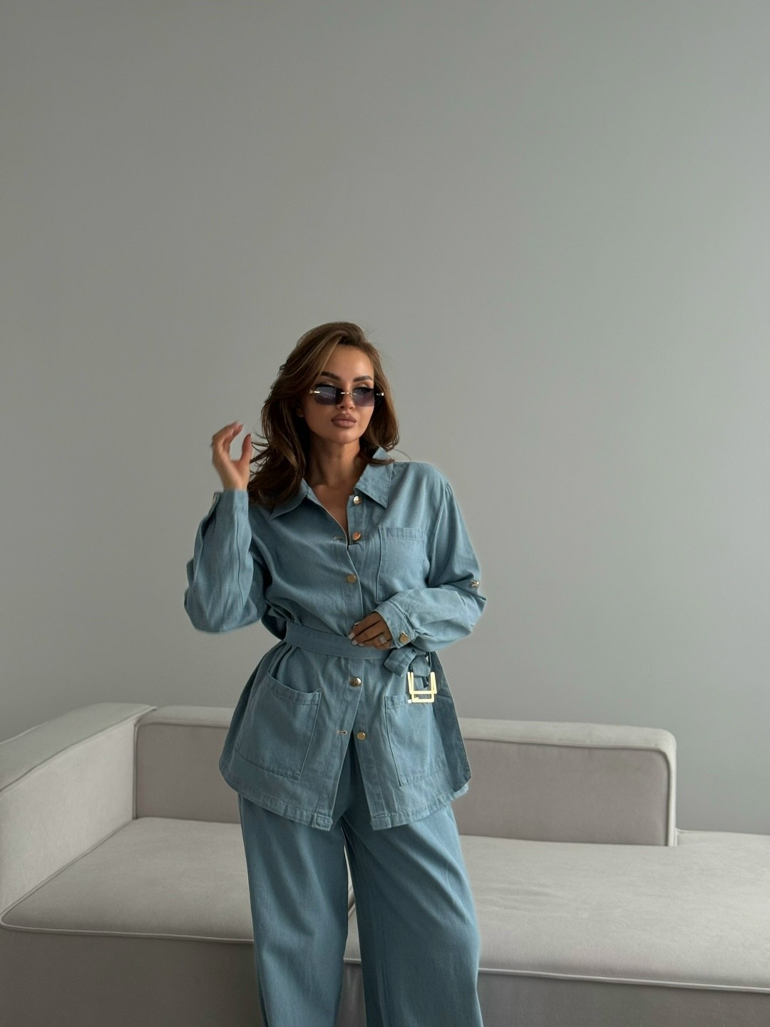 костюм брючный 1053 голубой atelero,костюм женский брючный,костюм женский брючный джинсовый,джинсовый костюм брючный,комплект брючный