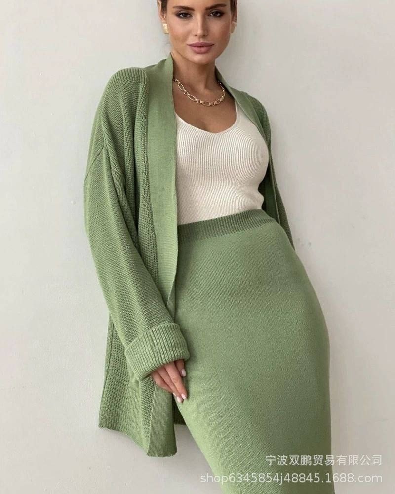 кардиган длинный вязаный с юбкой sutor,женский длинный вязаный кардиган с юбкой средней длины и высокой талией,женский длинный кардиган свободного покроя, однотонный вязаный кардиган,комплект из юбки