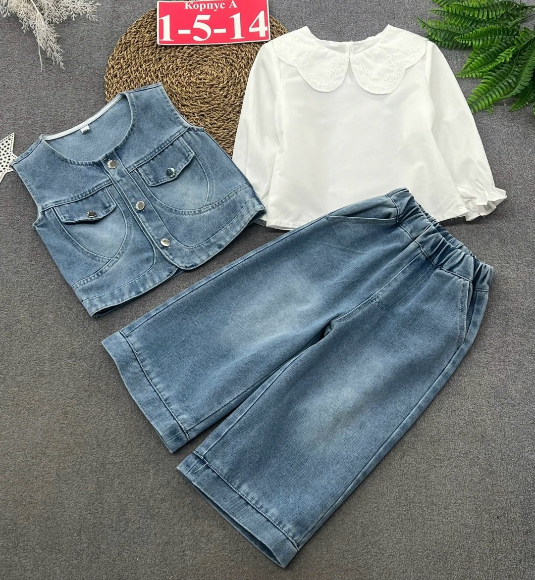 джинсовый костюм для девочки,джинсовые костюмы,жилет джинсовый,широкие джинсы,детский джинсовый костюм