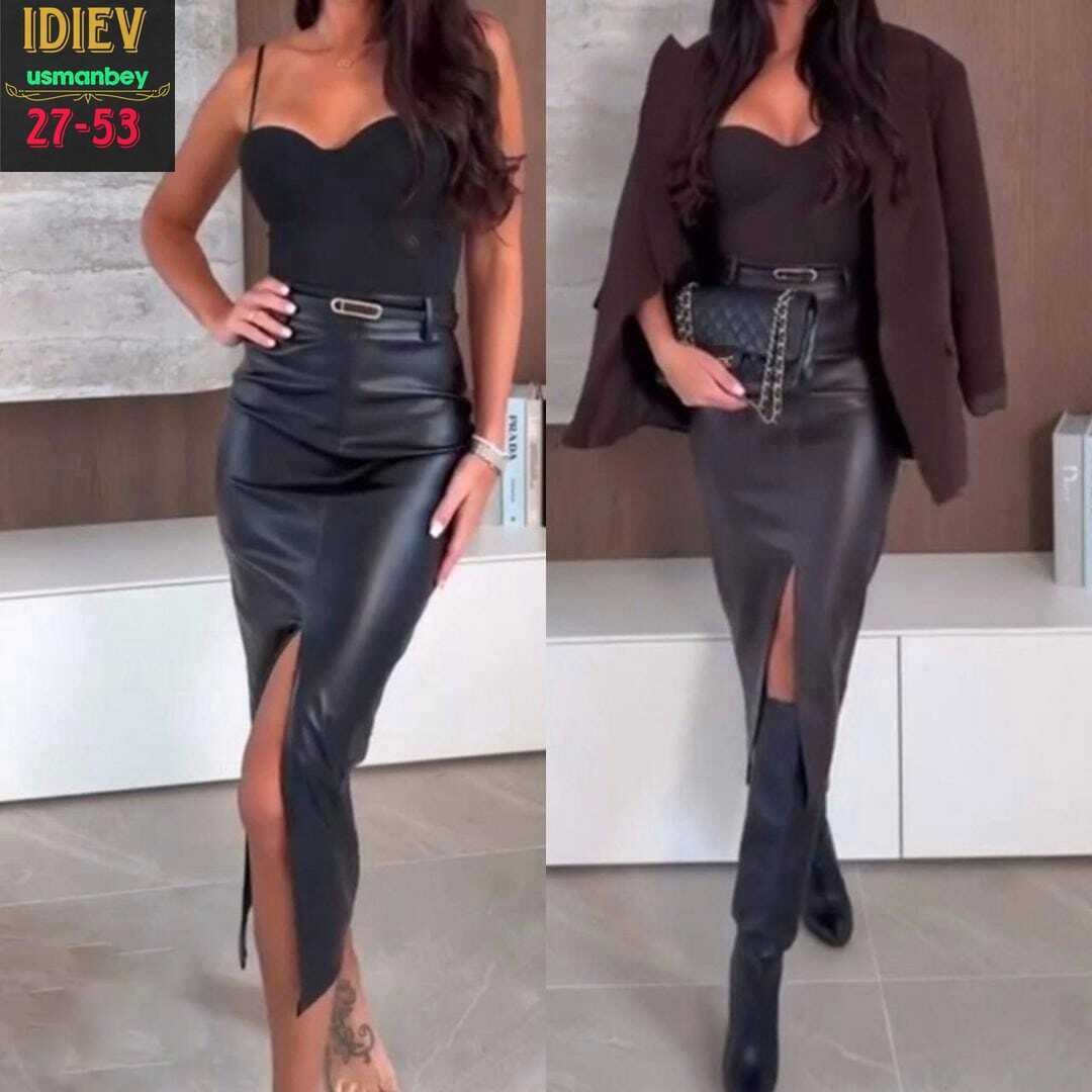 юбка кожаная с разрезом,сексуальная юбка из искусственной кожи средней длины с разрезом,юбка кожаная миди с разрезом,кожаная юбка,женская кожаная юбка