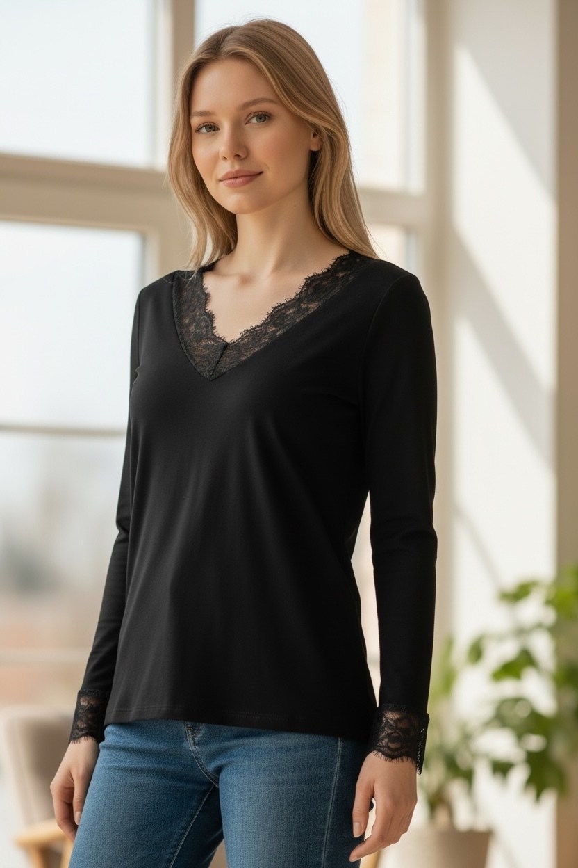 футболка с длинными рукавами и кружевной отделкой antigel черный,лонгслив с v-образным вырезом из кружева черный,лонгслив кружево,лонгслив из вискозы с кружевом noom loungewear,лонгслив laredoute воро