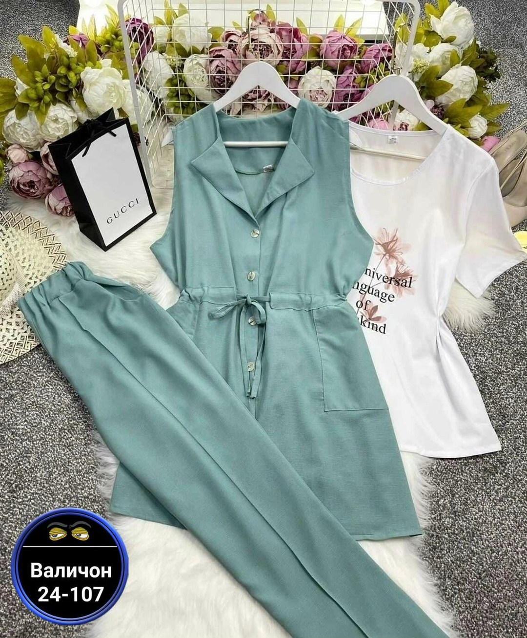 брючный комплект,женский костюм тройка,брючный костюм jurimex 2456 тройка зеленый размер 56-62,костюм jurimex,костюм женский