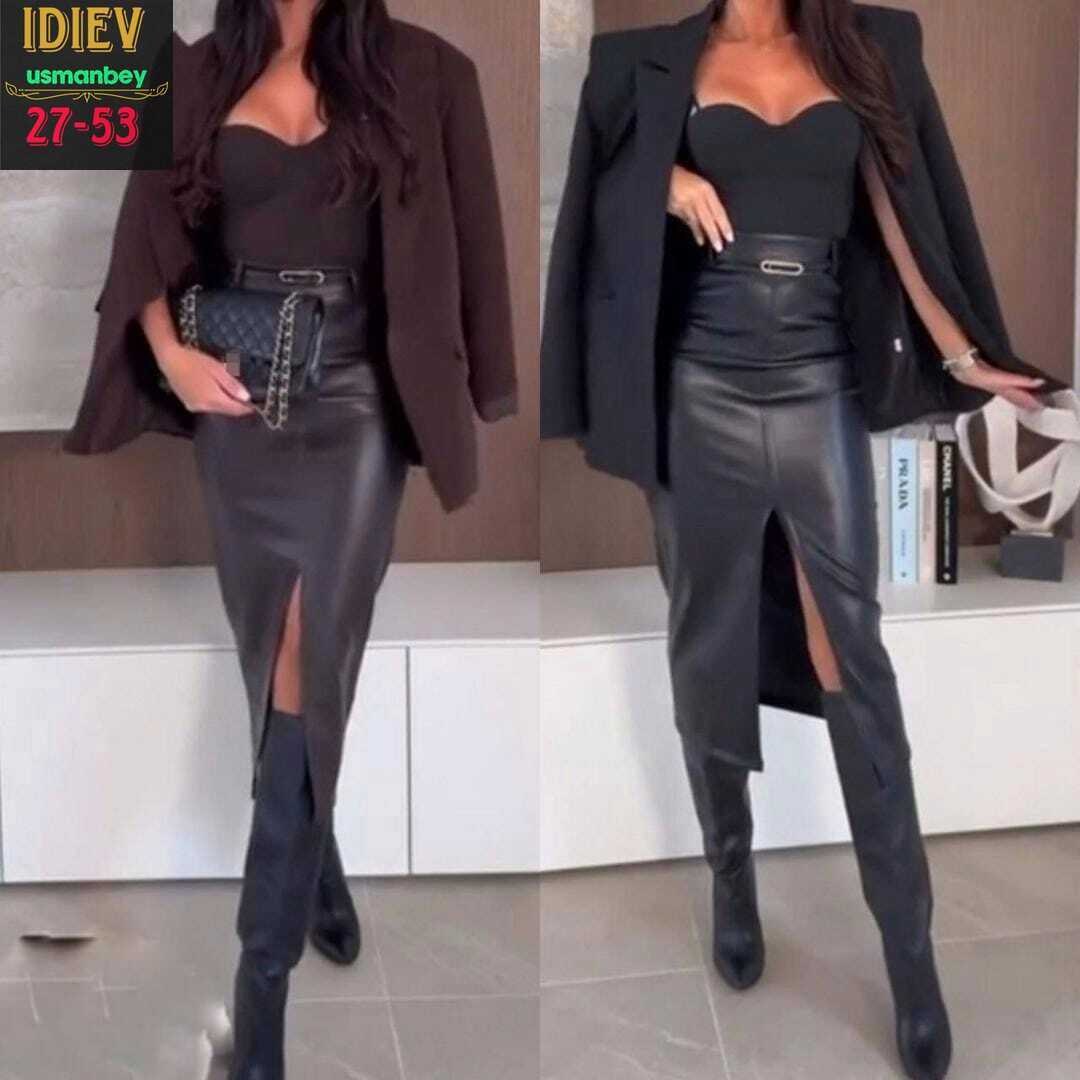 юбка кожаная с разрезом,сексуальная юбка из искусственной кожи средней длины с разрезом,юбка кожаная миди с разрезом,кожаная юбка,женская кожаная юбка