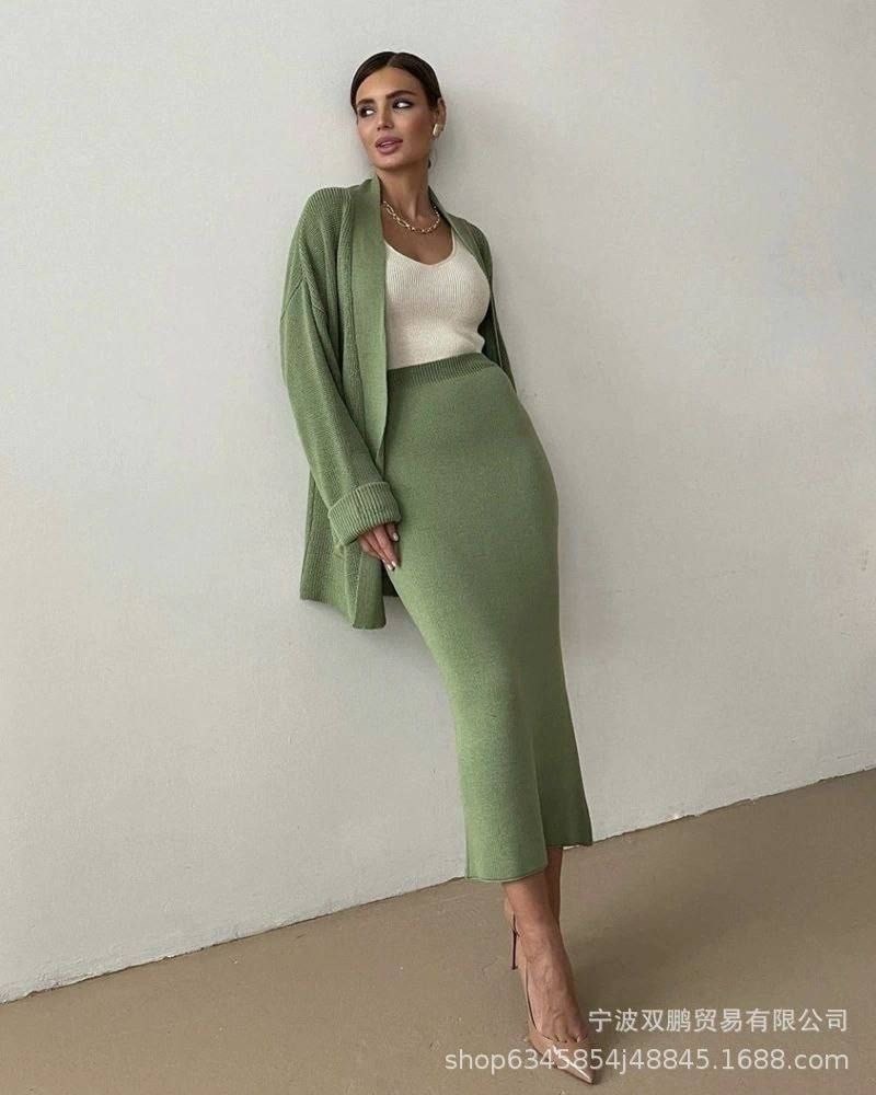 кардиган длинный вязаный с юбкой sutor,женский длинный вязаный кардиган с юбкой средней длины и высокой талией,женский длинный кардиган свободного покроя, однотонный вязаный кардиган,комплект из юбки
