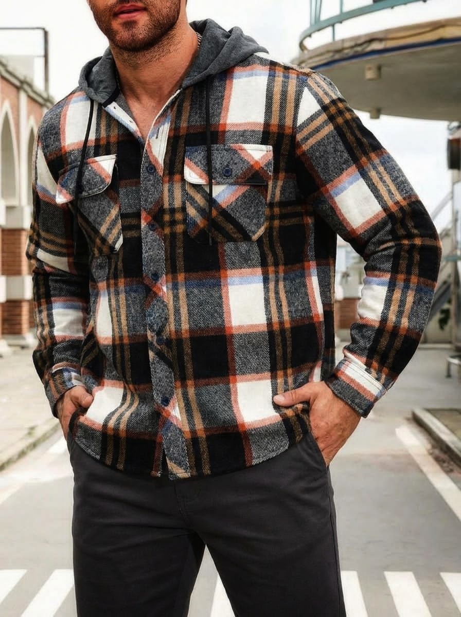 рубашка куртка мужская,темно-синяя рубашка lumberjack в клетку с капюшоном,мужской стиль кэжуал,теплая рубашка,рубашка с капюшоном