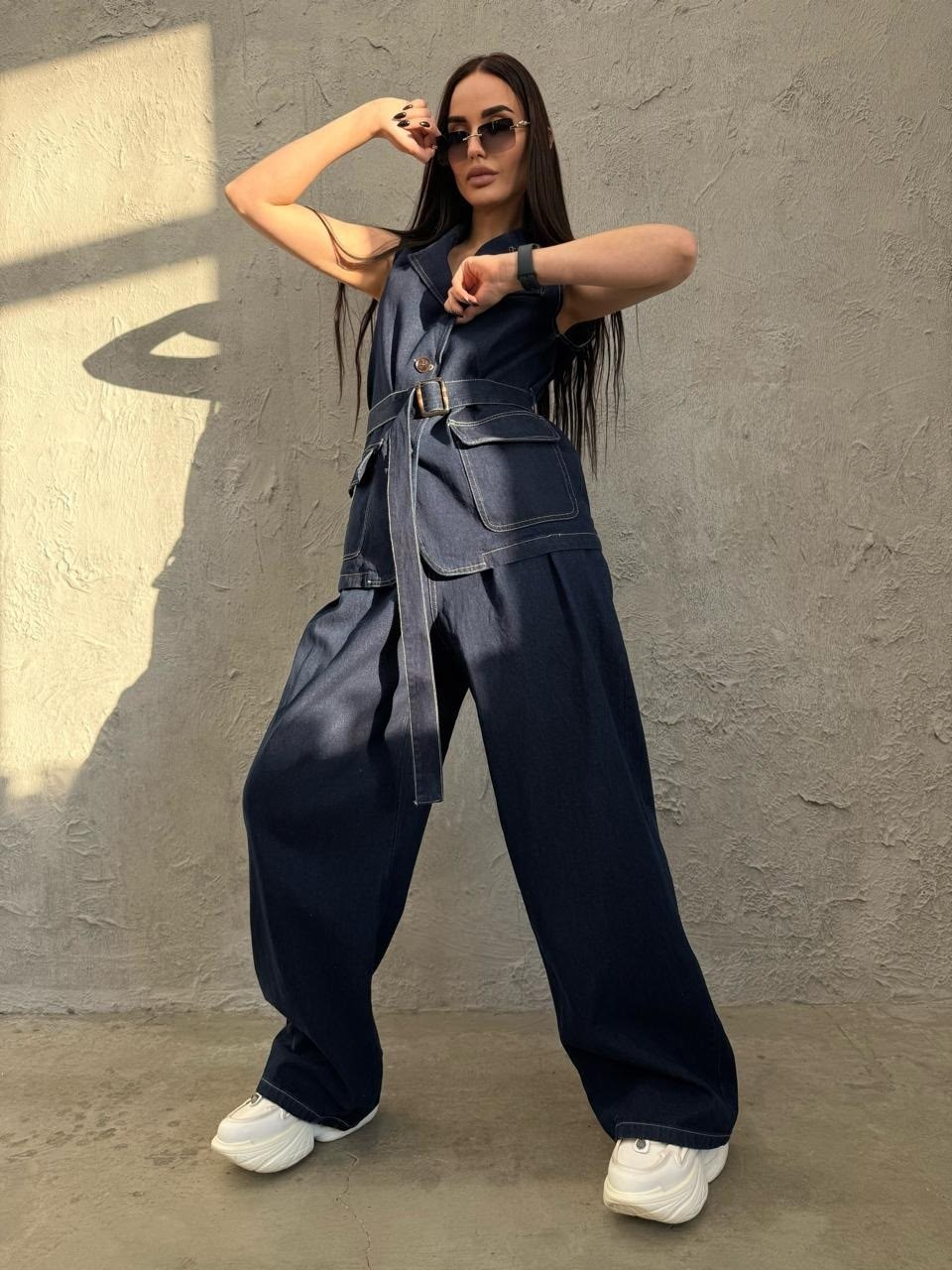брючный костюм,костюм с жилеткой,джинсовые комбинезоны,джинсовый костюм брючный палаццо с жилетом vera nova,брючный костюм dilana vip 2026/1 темно-синий