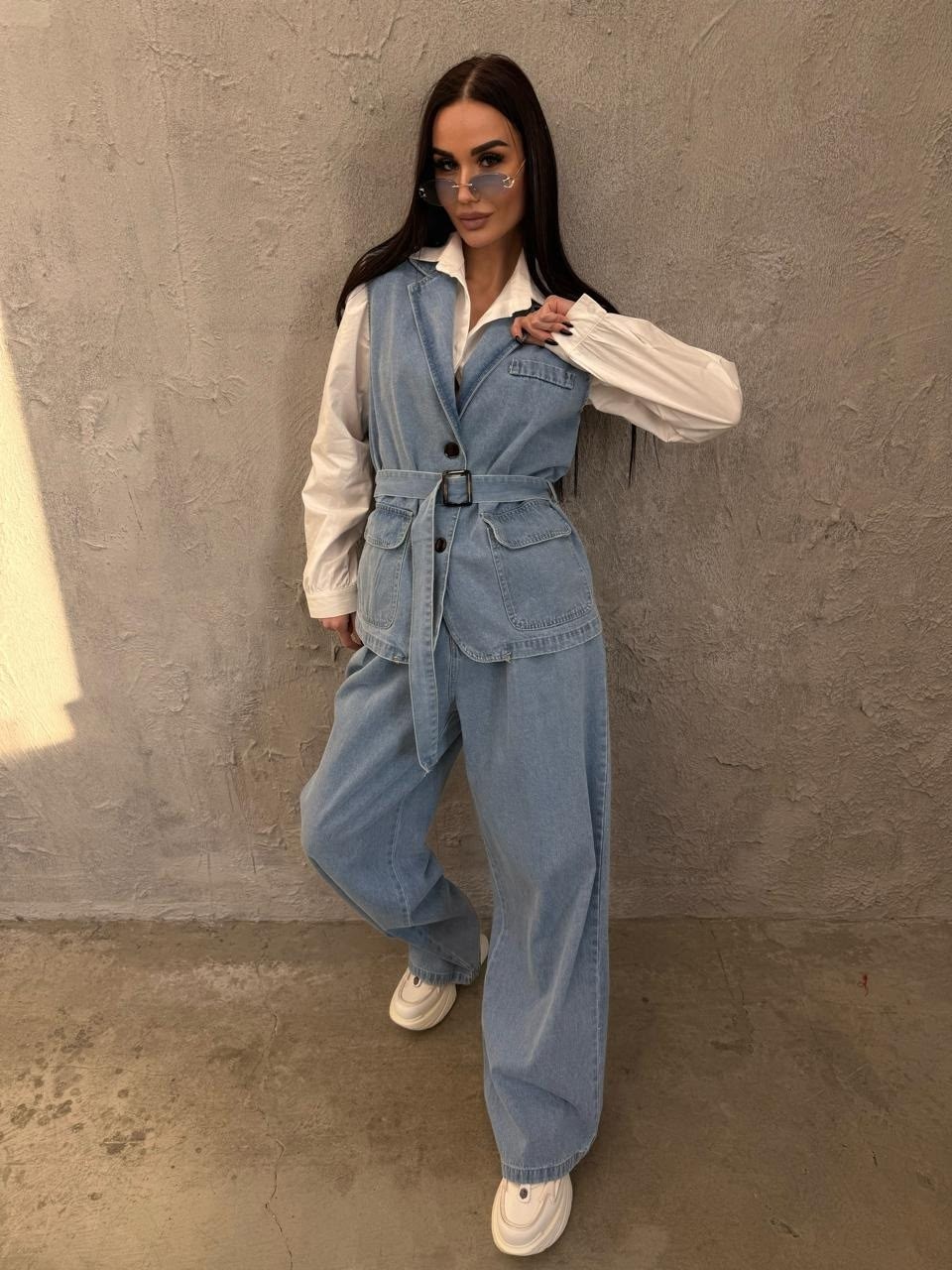 брючный костюм,костюм с жилеткой,джинсовые комбинезоны,джинсовый костюм брючный палаццо с жилетом vera nova,брючный костюм dilana vip 2026/1 темно-синий