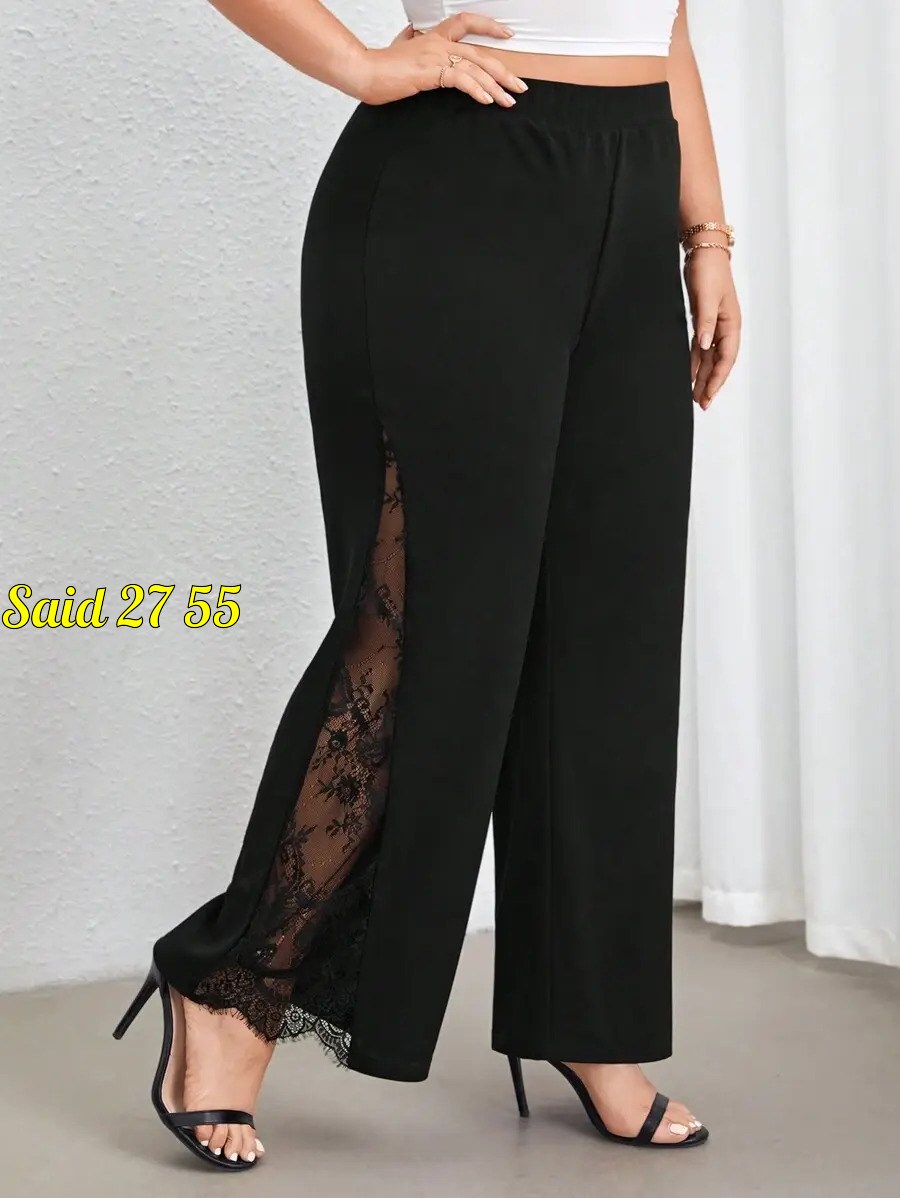брюки с кружевными вставками,черные широкие брюки,широкие брюки,брюки с кружевом,женские кружевные брюки больших размеров