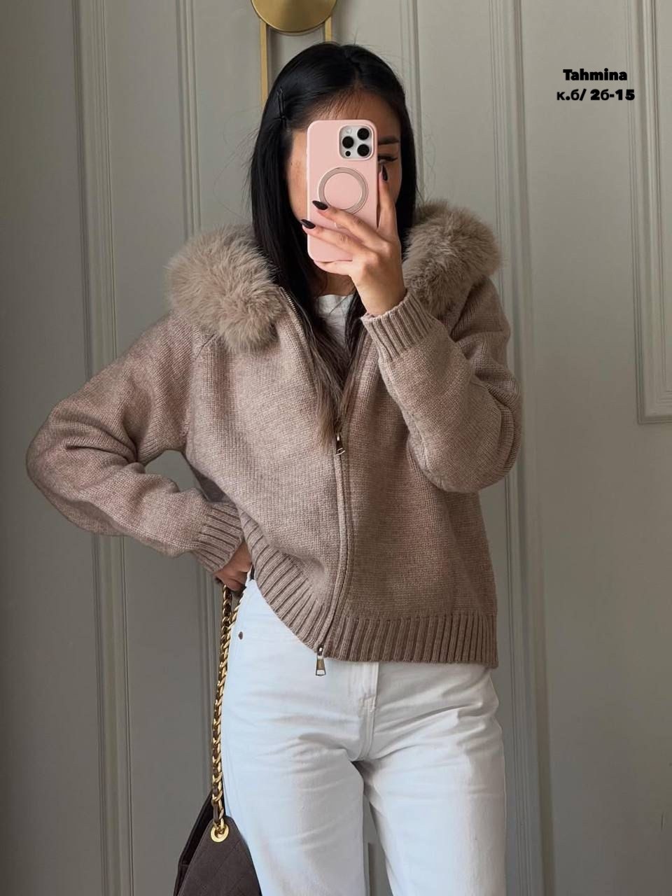 молочно-белый вязаный кардиган с большим меховым воротником и капюшоном,женский вязаный кардиган с капюшоном, свободный меховой воротник, однотонное пальто, дизайн на молнии,женский свободный вязаный