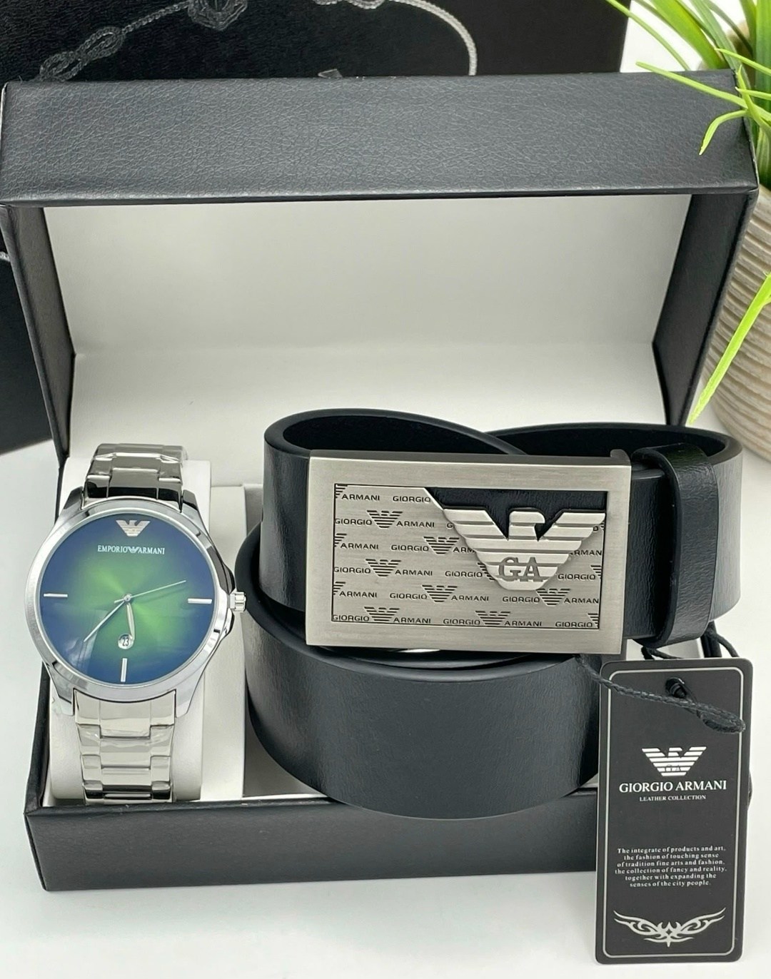 набор часы и ремень в коробке джорджио армани,мужской подарочный набор,набор часы,подарочный набор армани для мужчин,мужские наборы