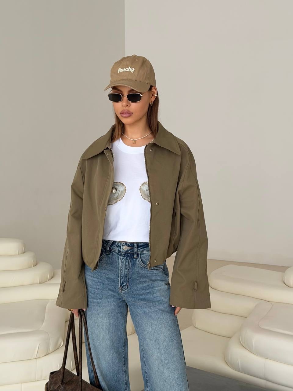 легкая куртка,куртка с карманами,куртка модная,ветровка fly оверсайз с карманами из хлопка хаки,укороченная куртка