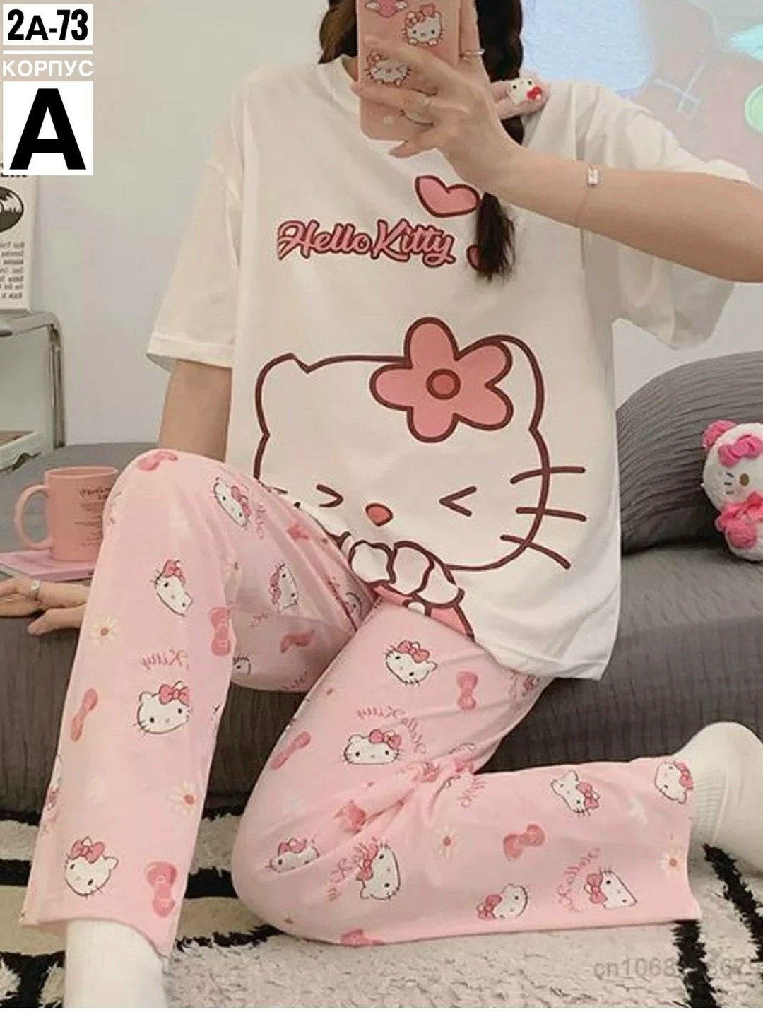 пижама женская,пижама,пижамы для женщин,пижама со штанами женская hello kitty,пижама для девочек