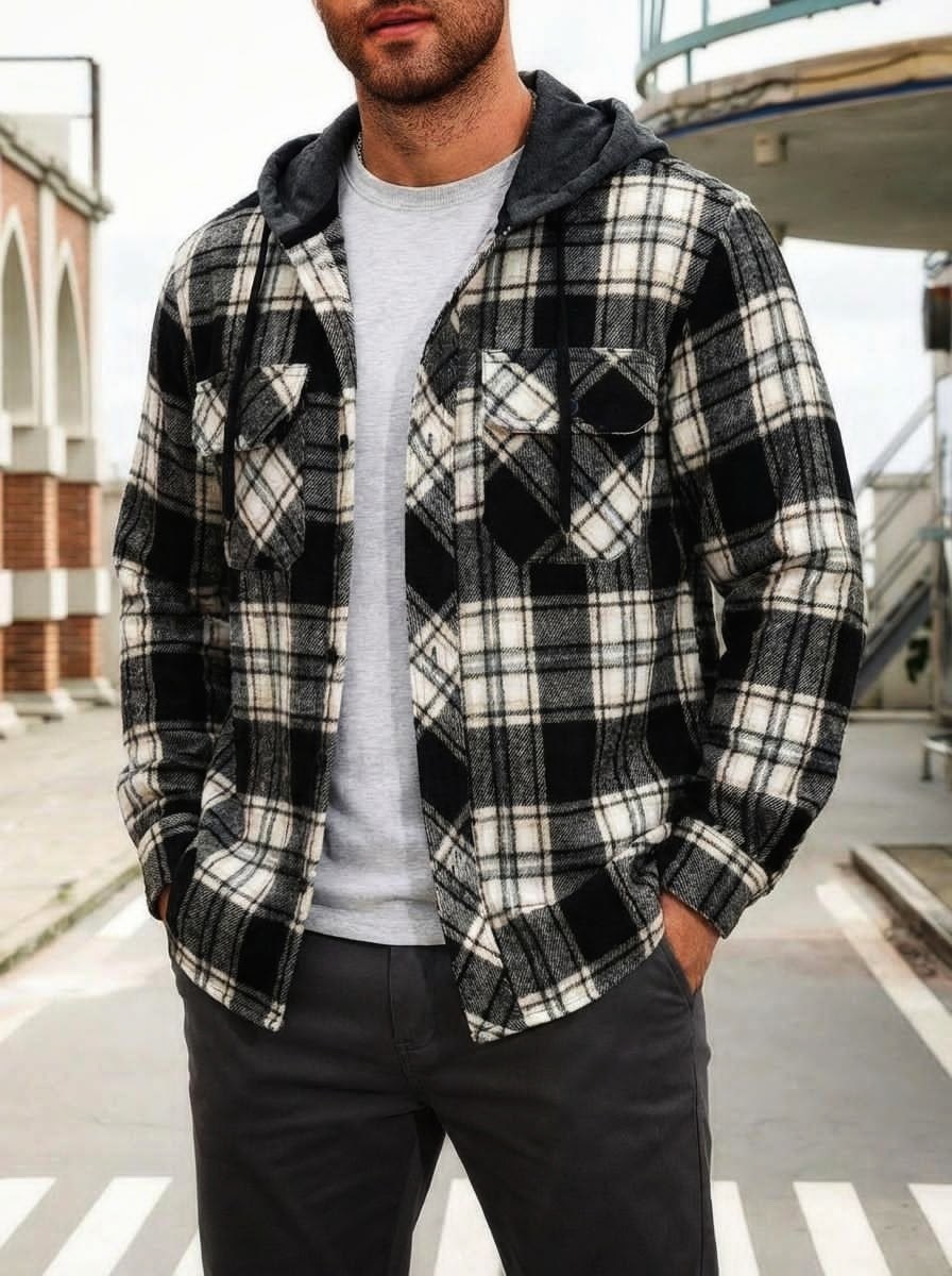 рубашка куртка мужская,темно-синяя рубашка lumberjack в клетку с капюшоном,мужской стиль кэжуал,теплая рубашка,рубашка с капюшоном