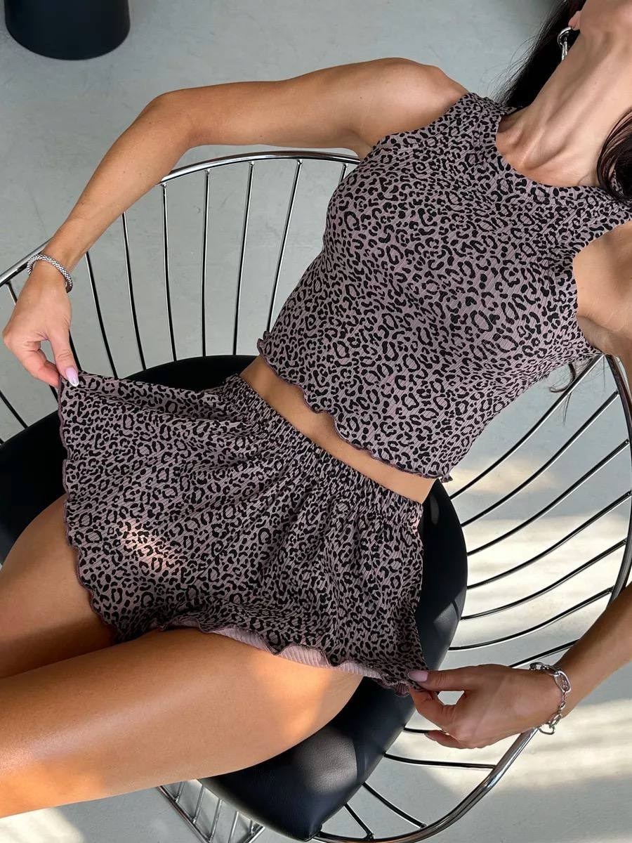 пижама женская топ и шорты,пижама женская с шортам,шелковая пижама леопардовая с шортами и топом,пижама женская,пижама с шортами