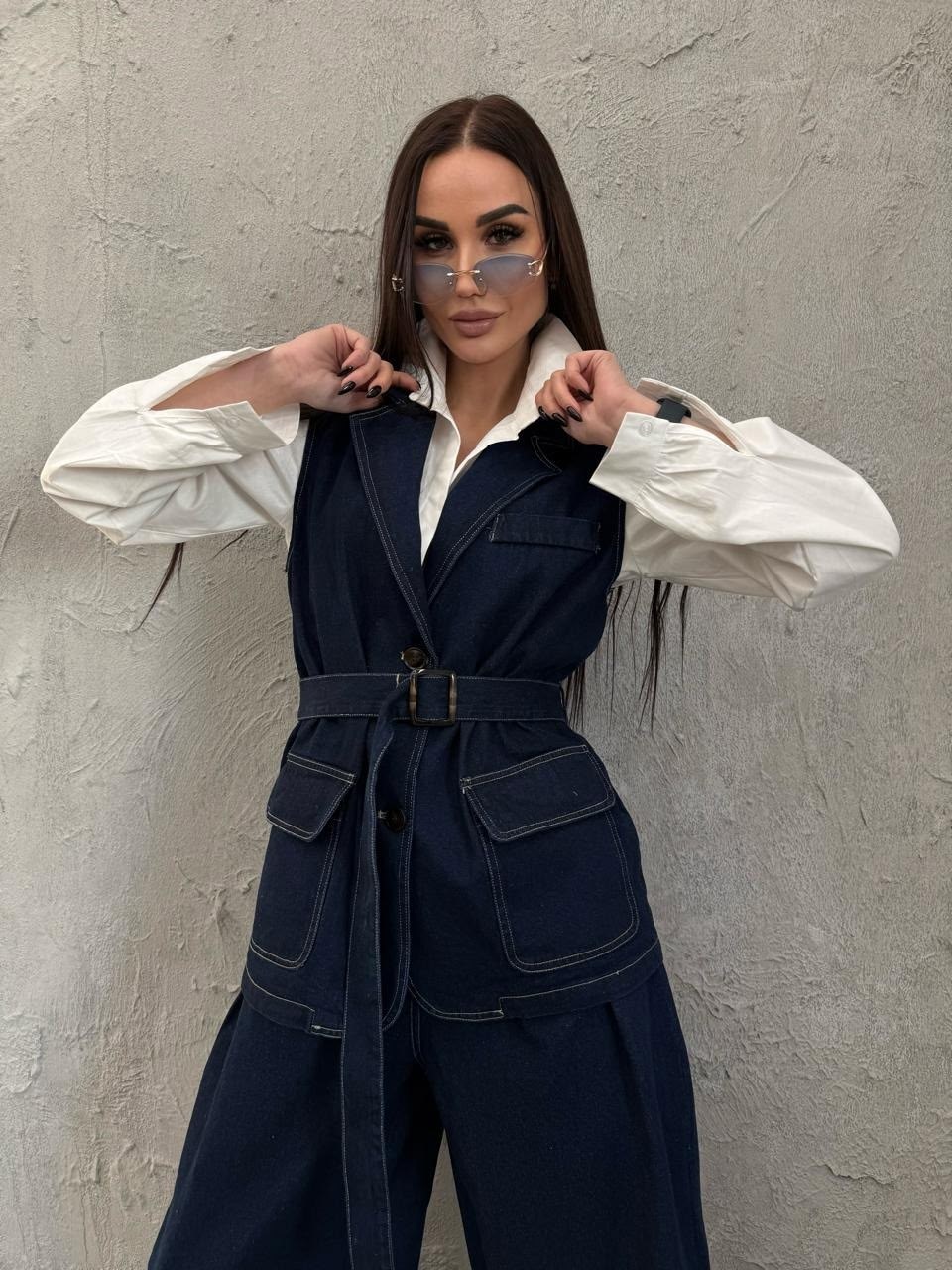 брючный костюм,костюм с жилеткой,джинсовые комбинезоны,джинсовый костюм брючный палаццо с жилетом vera nova,брючный костюм dilana vip 2026/1 темно-синий