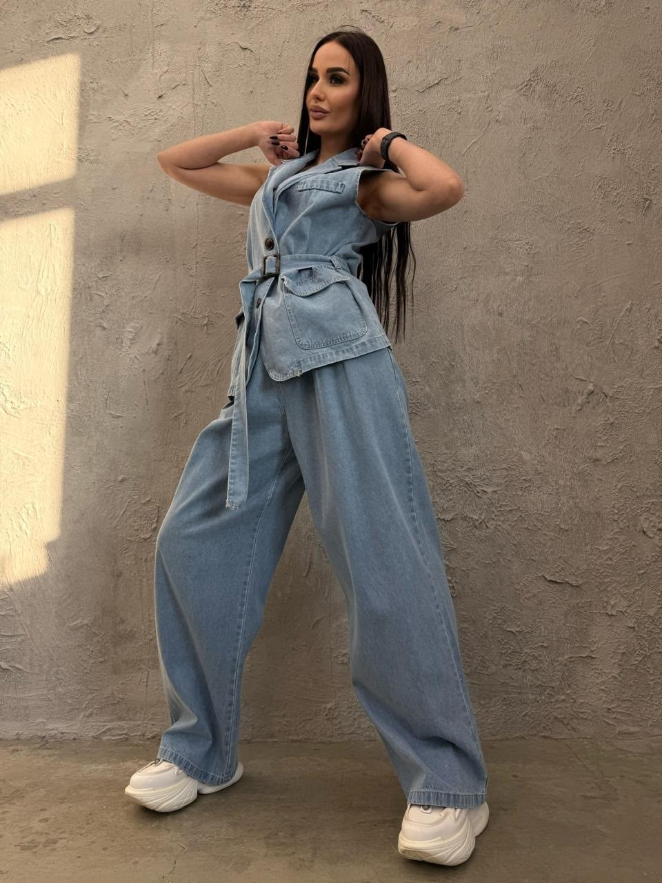 брючный костюм,костюм с жилеткой,джинсовые комбинезоны,джинсовый костюм брючный палаццо с жилетом vera nova,брючный костюм dilana vip 2026/1 темно-синий