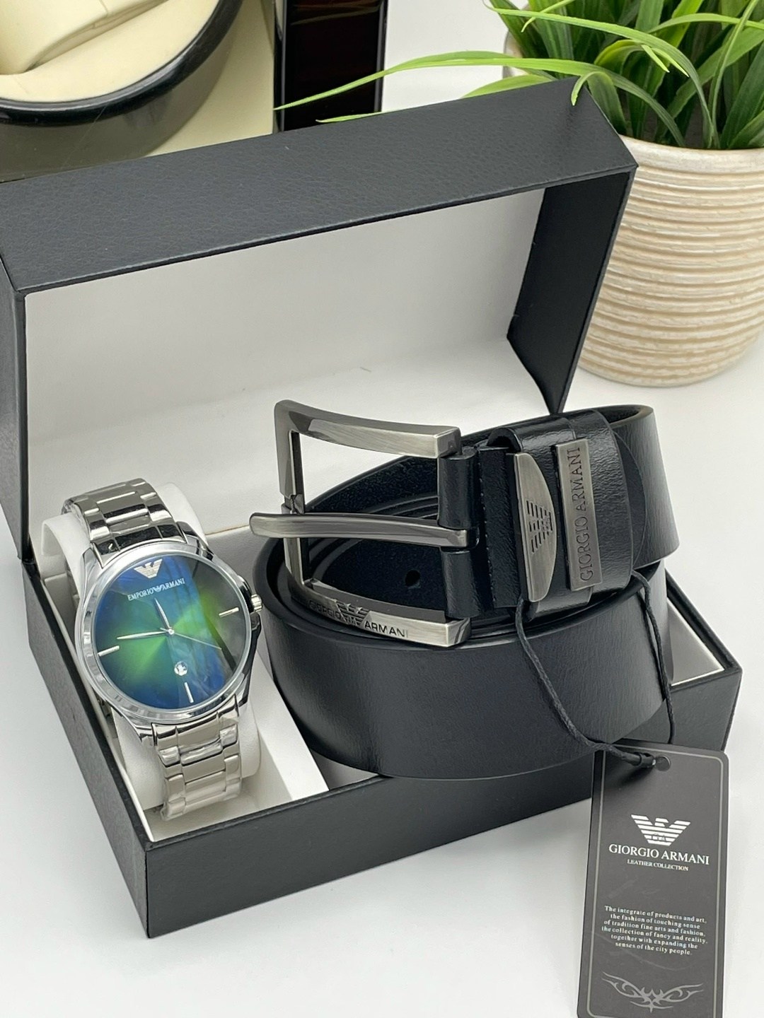 набор часы и ремень в коробке джорджио армани,мужской подарочный набор,набор часы,подарочный набор армани для мужчин,мужские наборы