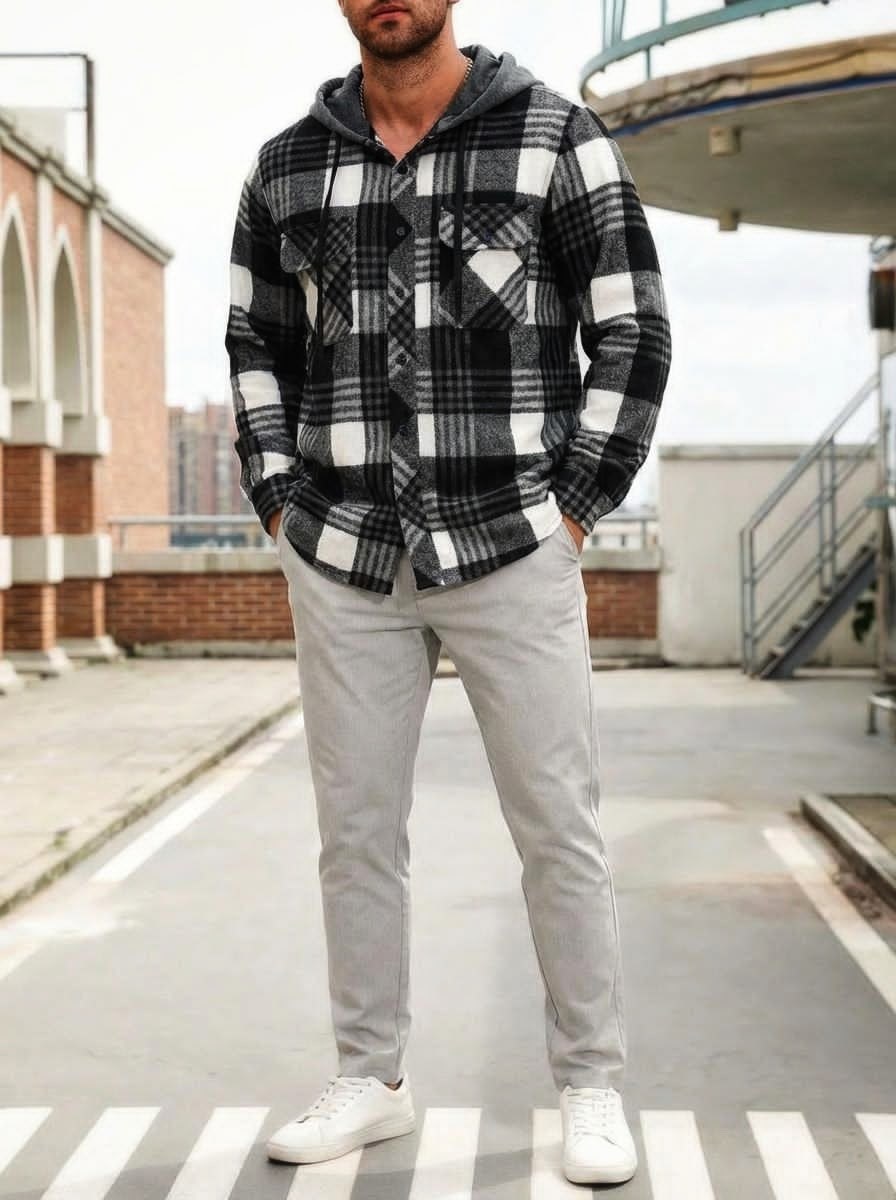 рубашка куртка мужская,темно-синяя рубашка lumberjack в клетку с капюшоном,мужской стиль кэжуал,теплая рубашка,рубашка с капюшоном