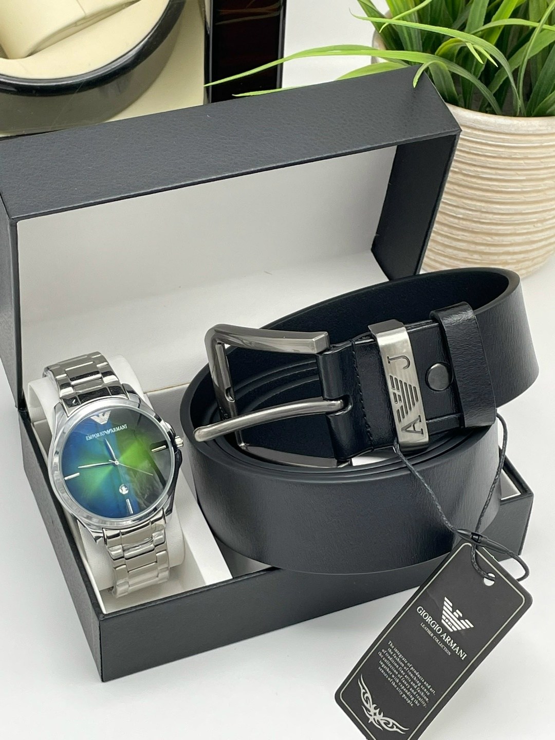 набор часы и ремень в коробке джорджио армани,мужской подарочный набор,набор часы,подарочный набор армани для мужчин,мужские наборы