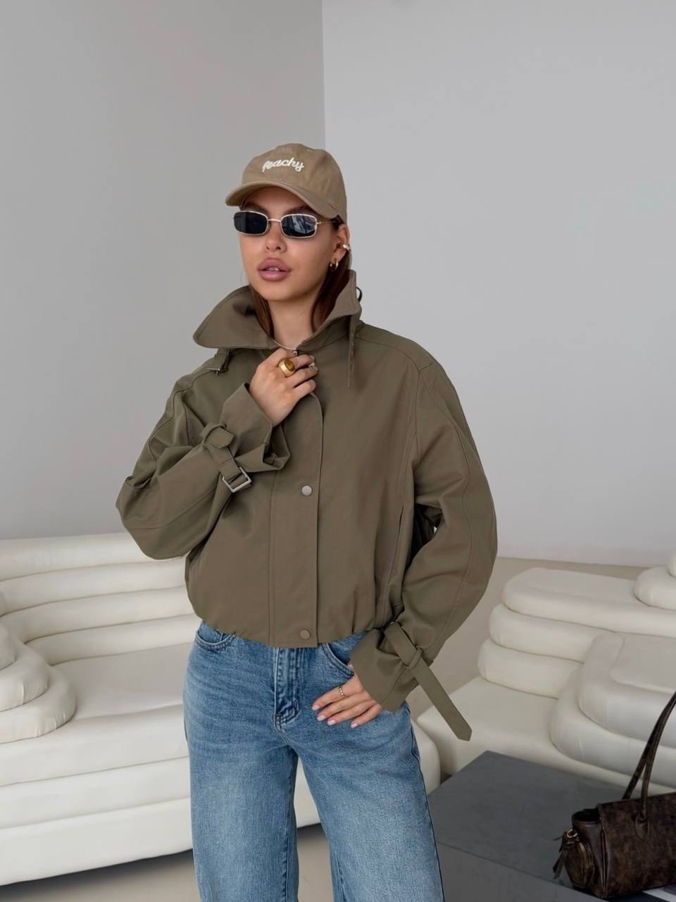 легкая куртка,куртка с карманами,куртка модная,ветровка fly оверсайз с карманами из хлопка хаки,укороченная куртка