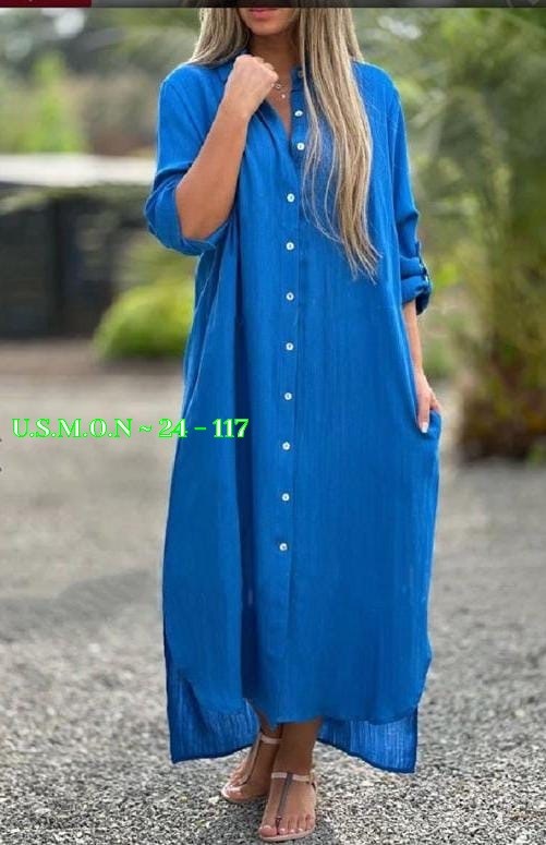 женское длинное платье-рубашка из хлопка и льна,летнее платье рубашка длинное,длинное платье рубашка,женское платье рубашка,платье-рубашка на пуговицах длинное свободное светло-синее