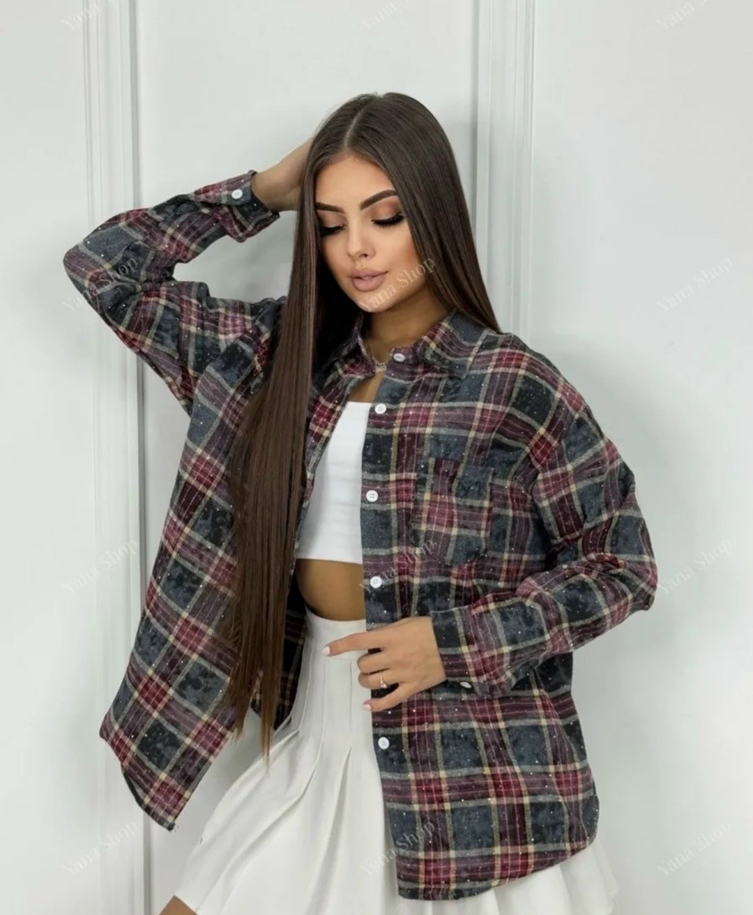 рубашка в клетку оверсайз со стразами menola brand,рубашка оверсайз в клетку thirteen brand,рубашка оверсайз в клетку удлиненная thirteen brand,рубашка женская в клетку оверсайз,рубашка в клетку оверс