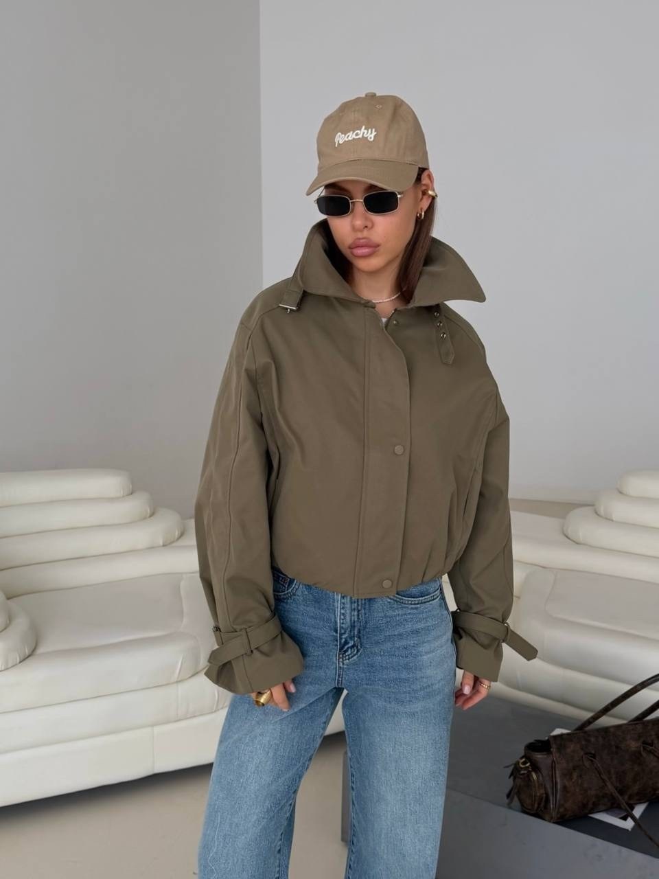 легкая куртка,куртка с карманами,куртка модная,ветровка fly оверсайз с карманами из хлопка хаки,укороченная куртка