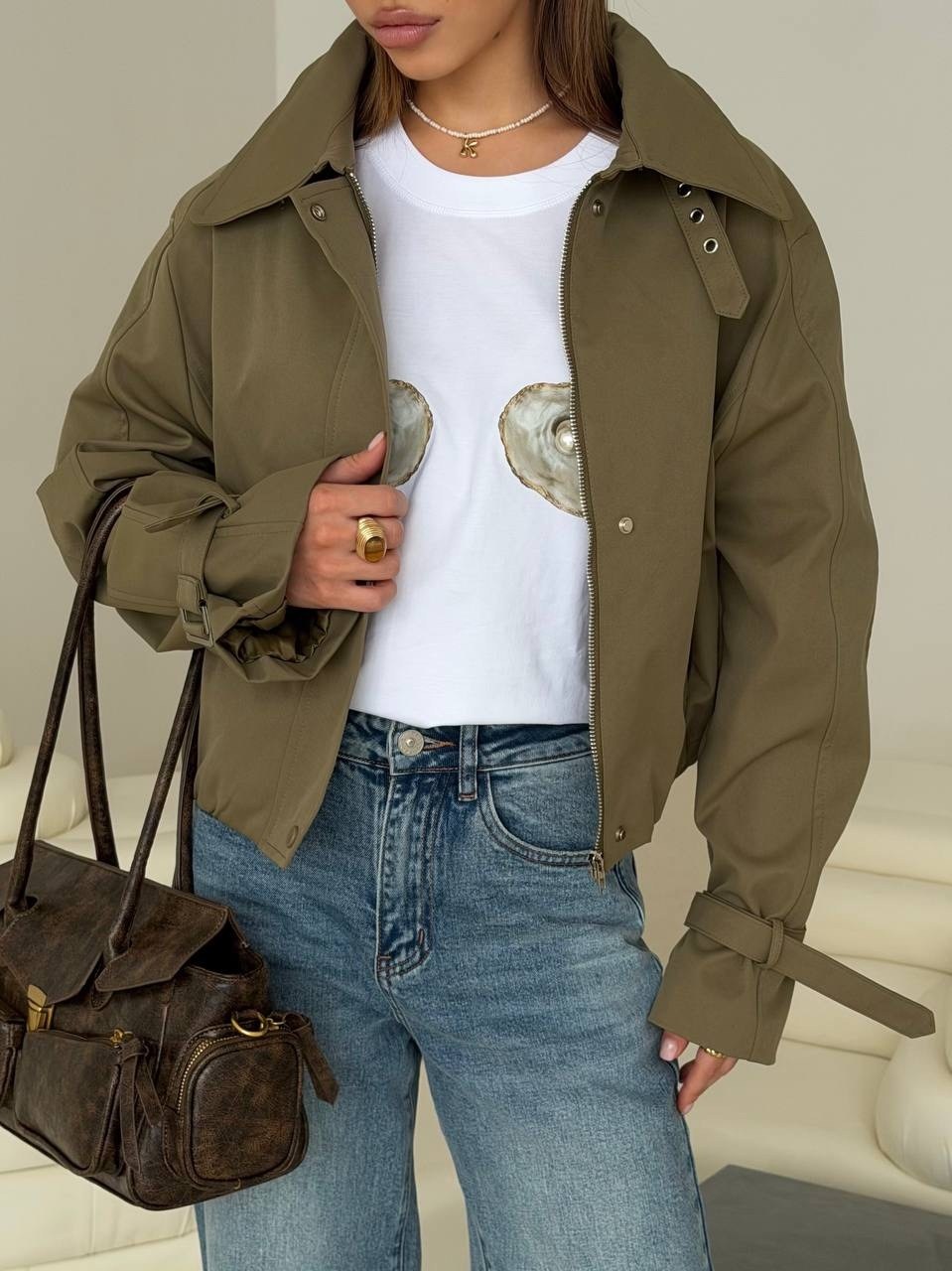 легкая куртка,куртка с карманами,куртка модная,ветровка fly оверсайз с карманами из хлопка хаки,укороченная куртка