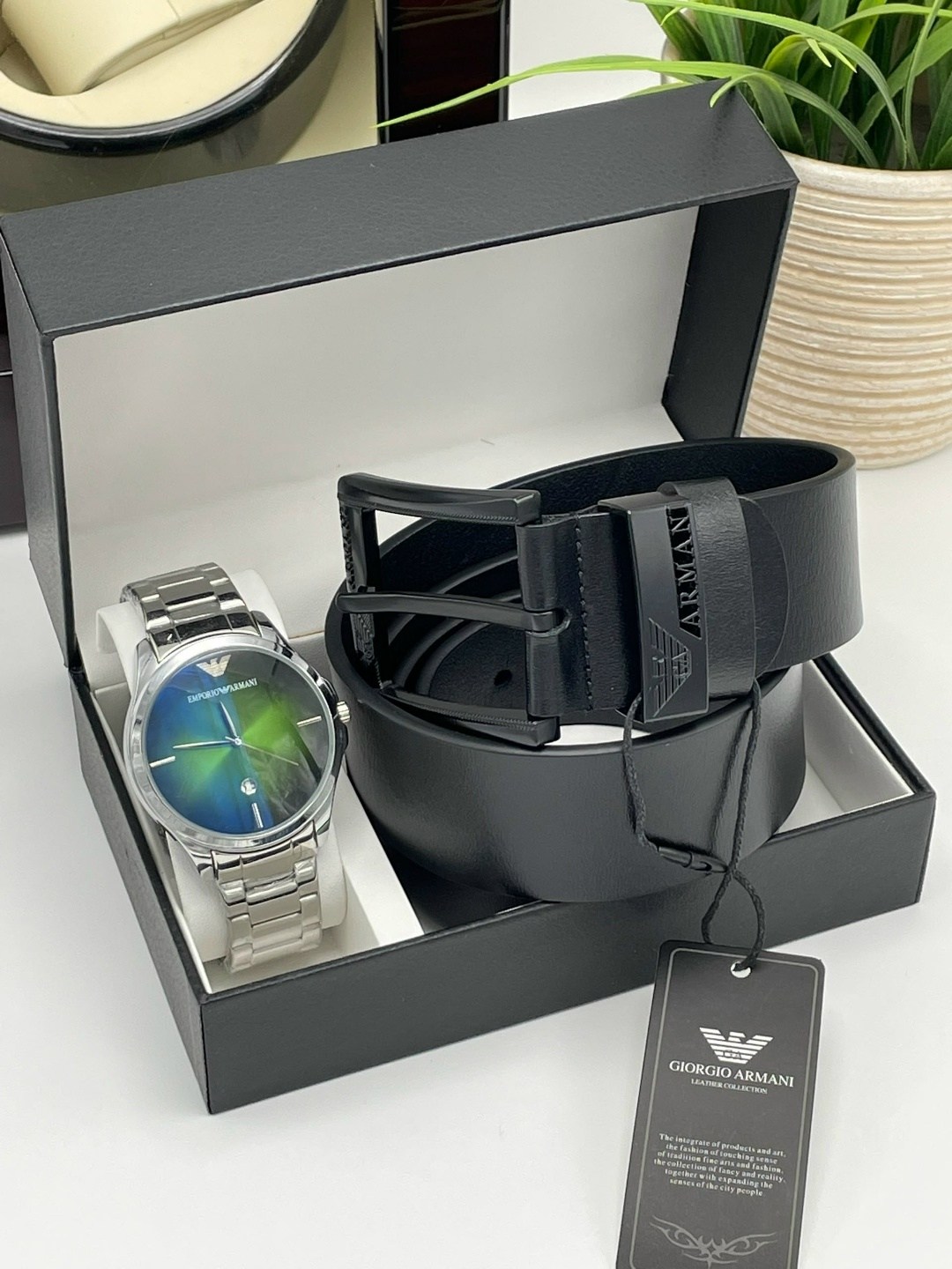 набор часы и ремень в коробке джорджио армани,мужской подарочный набор,набор часы,подарочный набор армани для мужчин,мужские наборы