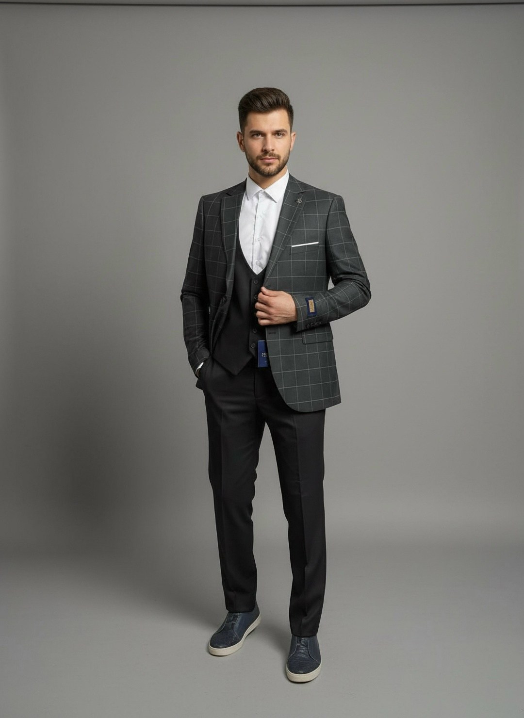 синий костюм,костюм в клетку,костюм в клетку тройка,мужской костюм,серый костюм в синюю клетку