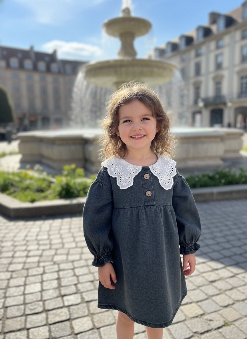 джинсовое платье с ажурным воротником child&kids,джинсовое платье на девочку,джинсовое платье зара детское,платье для девочки,школьное платье