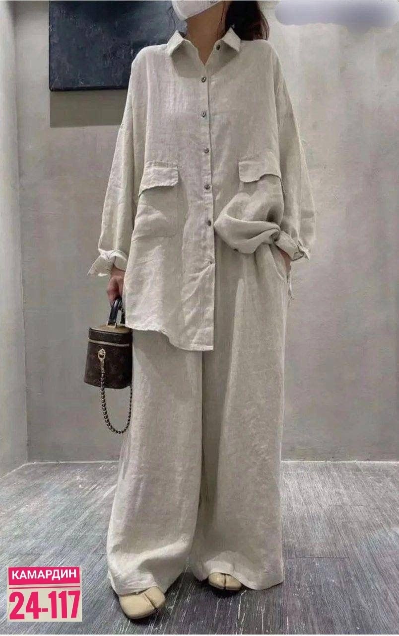 брючный костюм из льна,льняной костюм женский,костюм льняной,костюм женский модный льняной,костюм брючный льняной женский широкие брюки и рубашка moda-mo