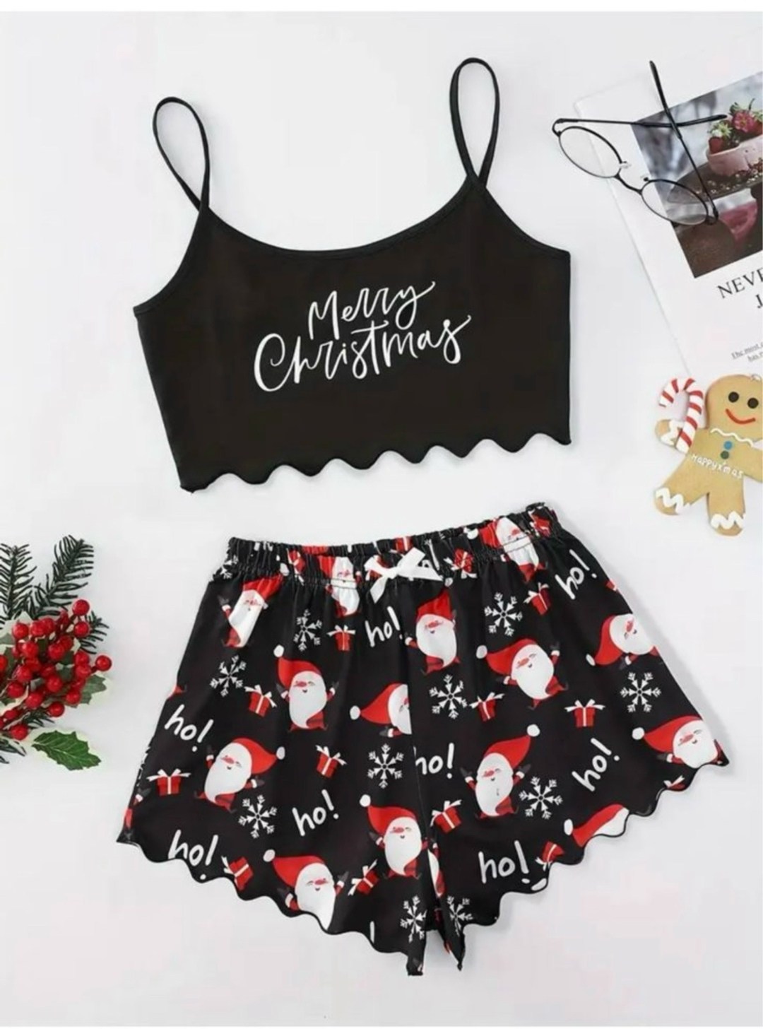 пижама с рождественским принтом с волнистой отделкой shein,рождественская женская пижама - топ и шорты,пижама новогодняя женская домашняя комплект топ и шорты,пижамный комплект для женщин с рождествен