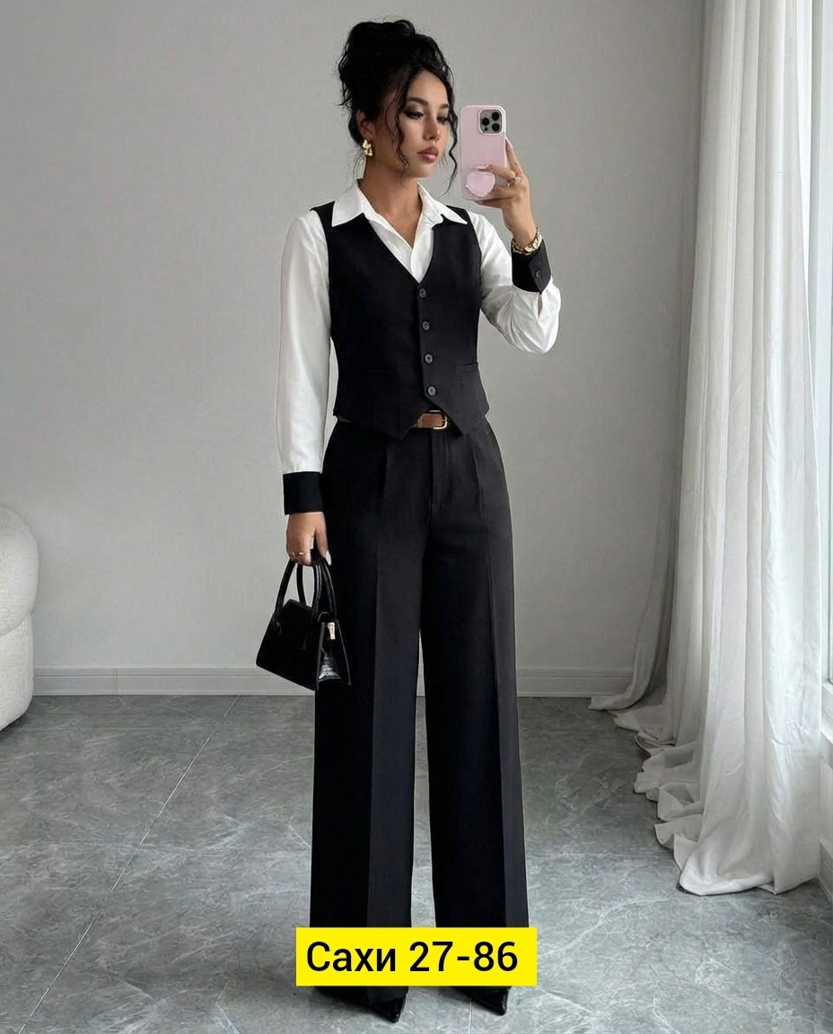 брючный костюм,женский костюм тройка,костюм брючной деловой,костюм женский,костюм брючный чёрный с жилетом от бренда avili