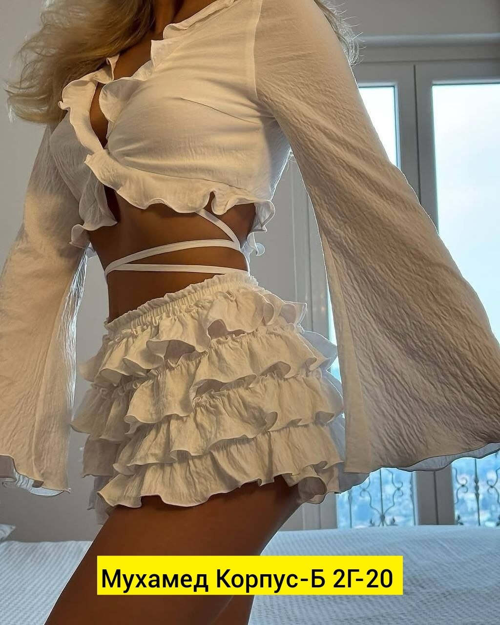 пижама с шортами и кофтой домашний костюм двойка v.m. home 367412009,шортики с воланами,женские шорты с воланами,костюм юбка и топ,пижама из полиэстера белая