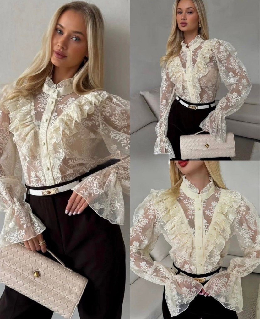 женская кружевная рубашка-блузка из гипюра,кружевная блузка,блузка с оборками,женская блузка,шифоновая блузка