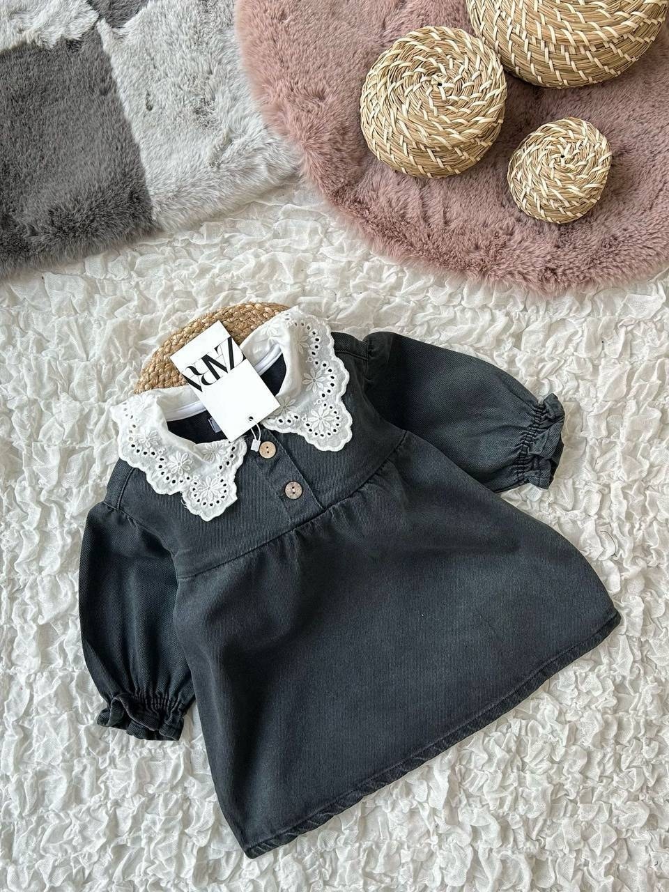 джинсовое платье с ажурным воротником child&kids,джинсовое платье на девочку,джинсовое платье зара детское,платье для девочки,школьное платье