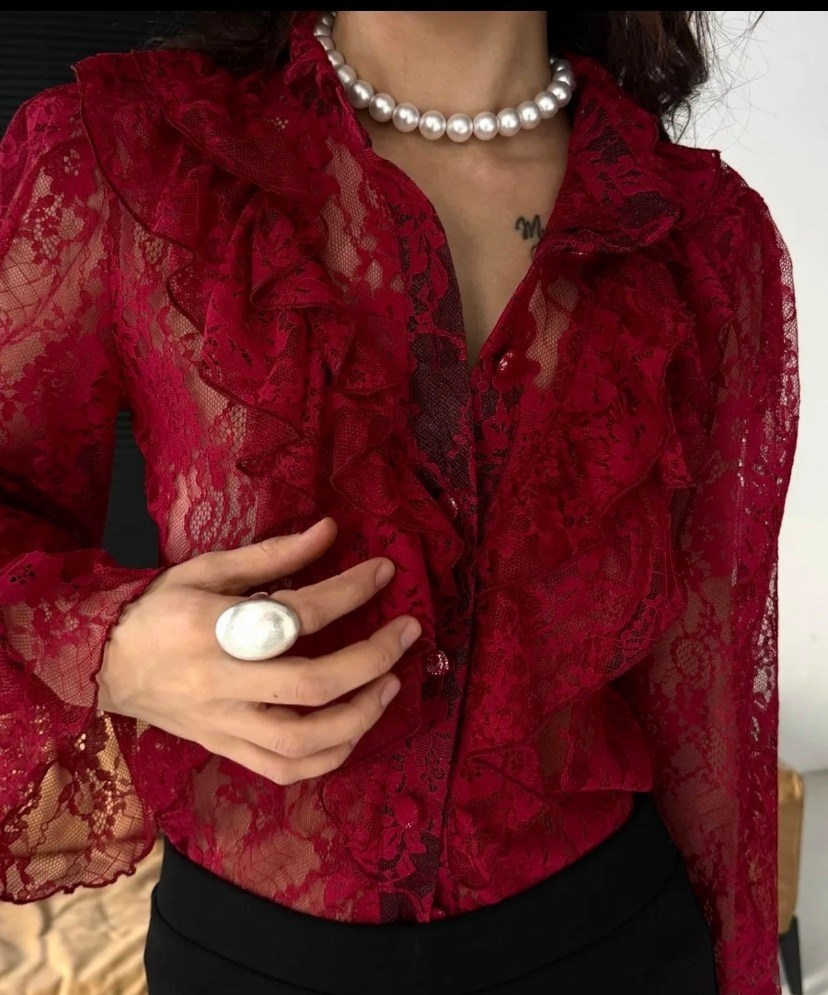 женская кружевная рубашка-блузка из гипюра,кружевная блузка,блузка с оборками,женская блузка,шифоновая блузка